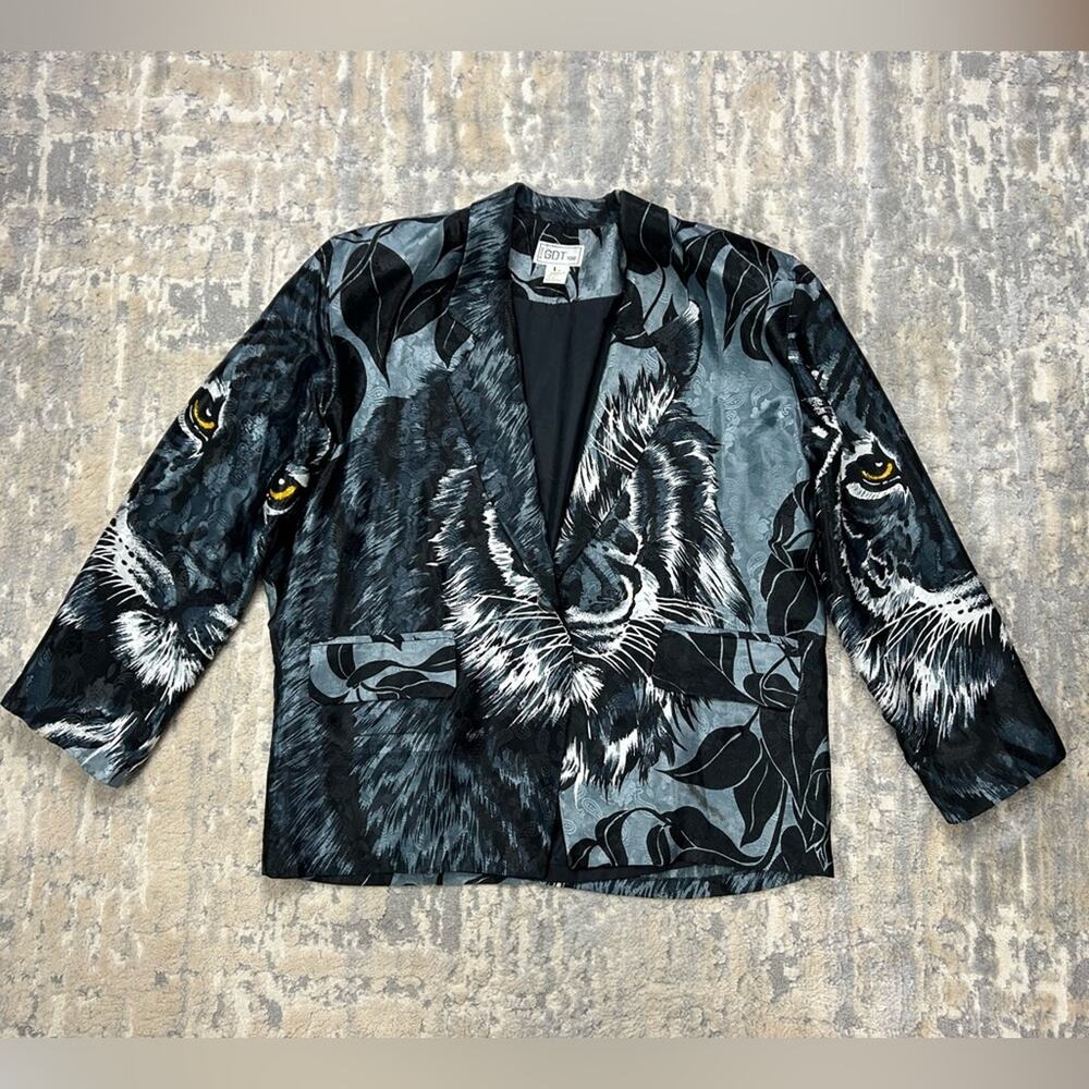 Vintage GDT Too Polyester Satin All Over Tiger Face Print Blazer Large 80s